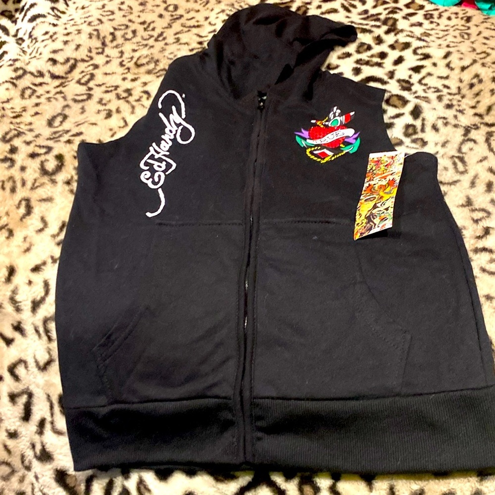 NWT ED HARDY size 12/14 KIDS BLACK VEST HOODIE VERY RARE “TRUE W ANCHOR & HEART